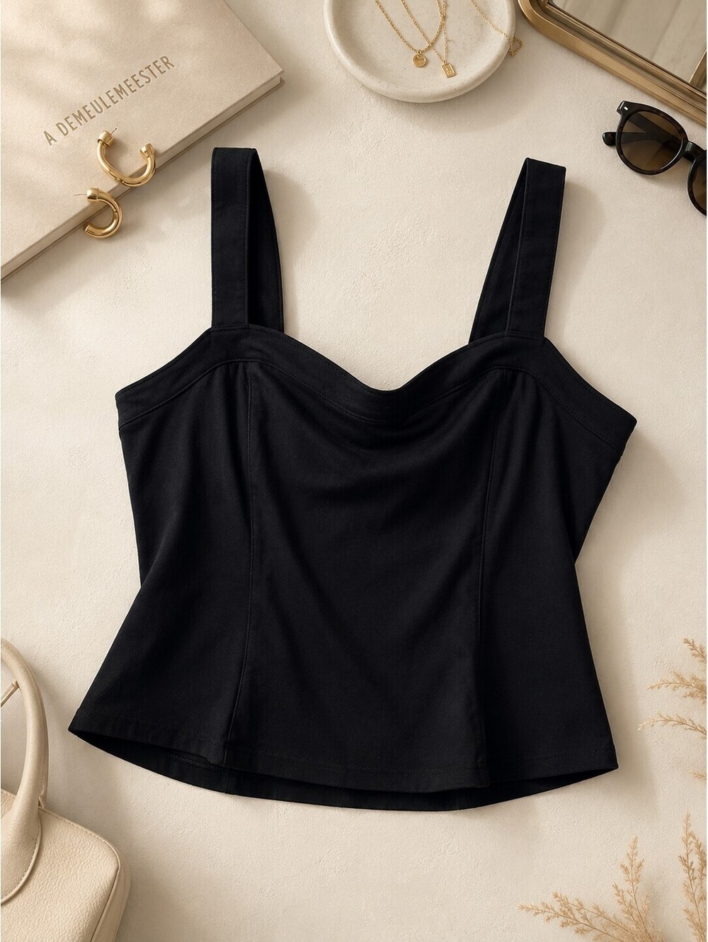 Maeve Anthropologie Square-Neck Structured Tank Top Black Sleeveless XL
